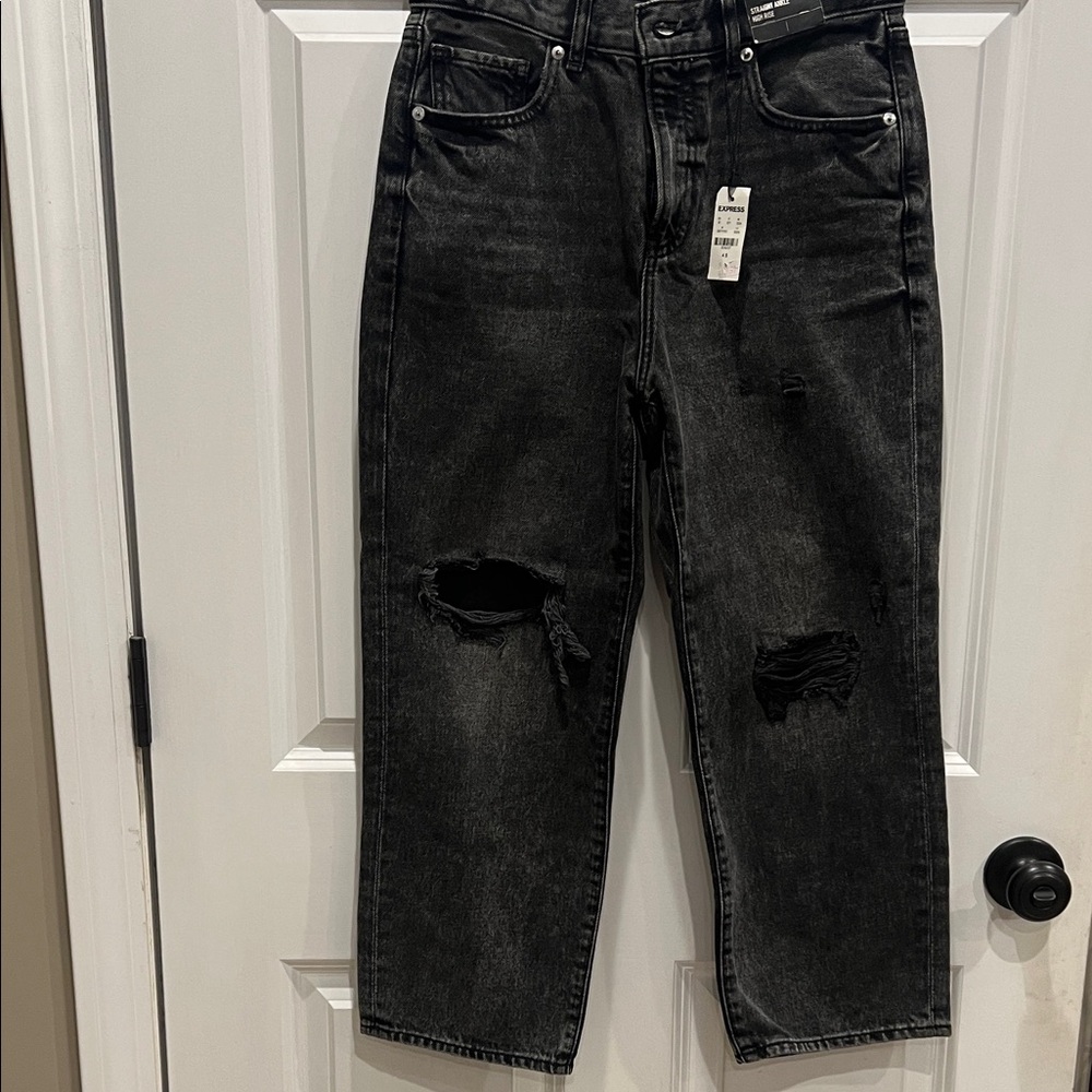 Women’s brand new with tags, black wash, distressed, straight, high-rise jeans